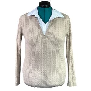 Lane Bryant Faux Layered Long Sleeve Collar Sweater V Neck Plus Size 14/16 Beige